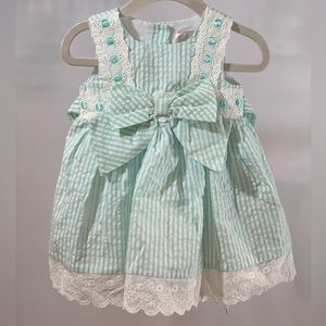 Striped green/white dress Rare Editions 6-9 mo